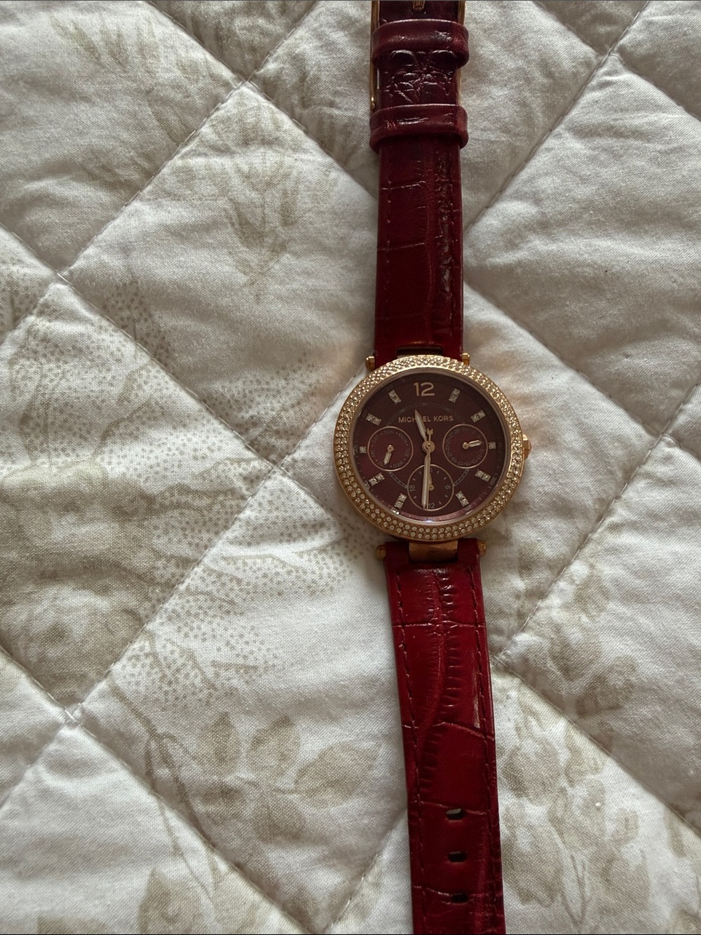 Michael Kors Women's Burgundy Leather Strap Watch with Crystal Bezel